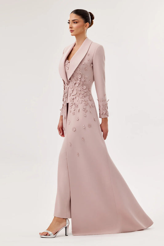 Three-Piece Crepe Ensemble with Laser-Cut Floral Corset