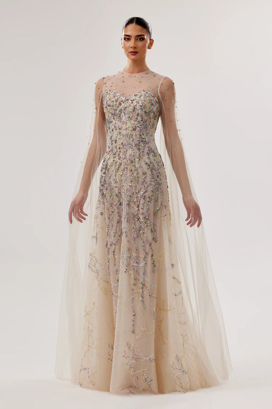 Embellished Tulle Sweetheart Gown with Flowing Sleeves
