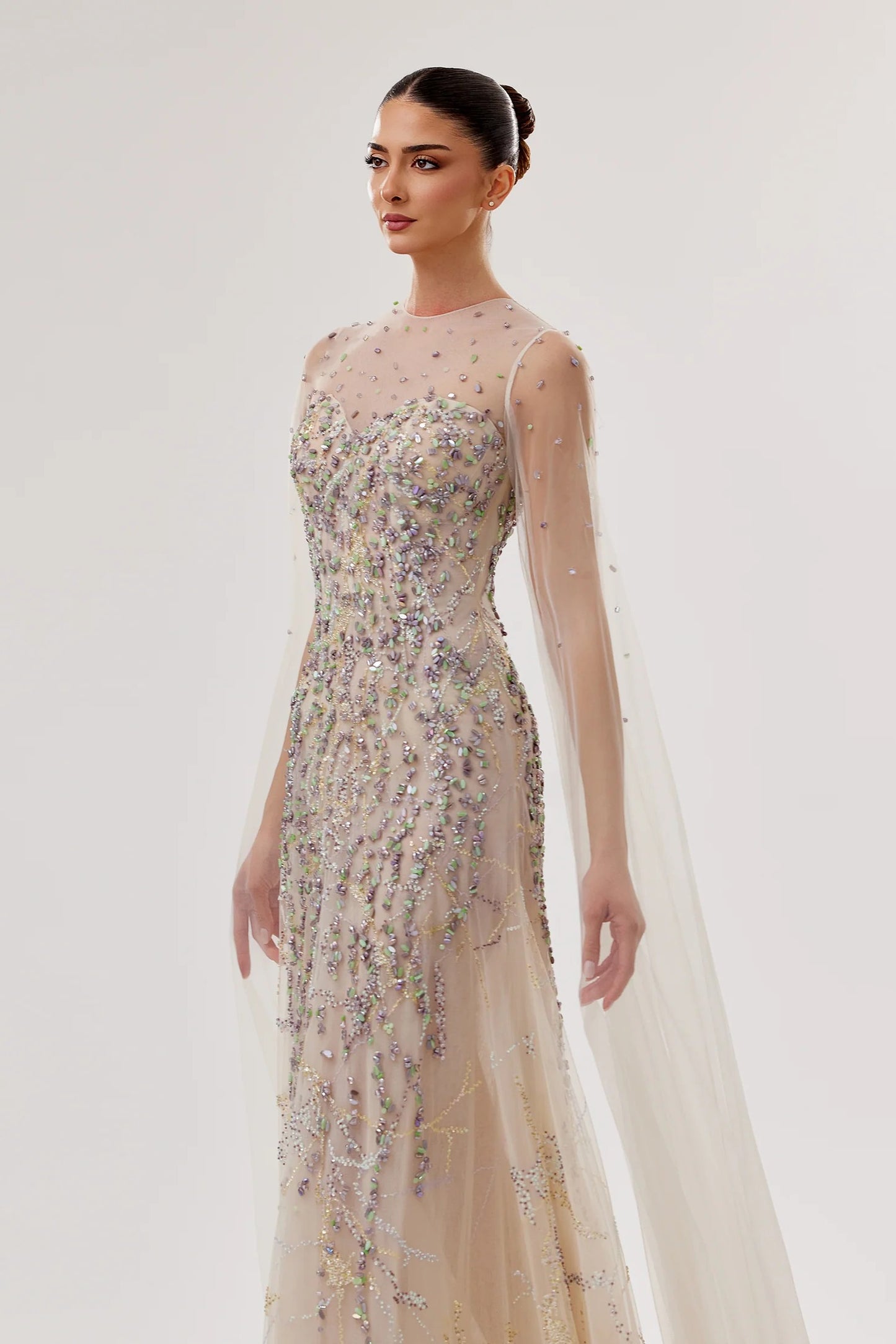 Embellished Tulle Sweetheart Gown with Flowing Sleeves