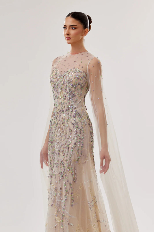 Embellished Tulle Sweetheart Gown with Flowing Sleeves