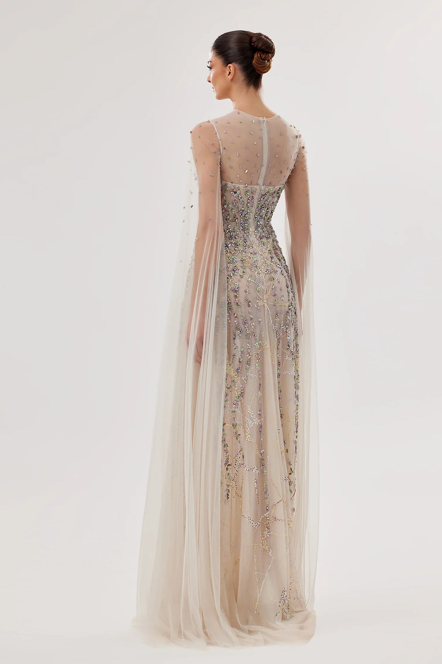 Embellished Tulle Sweetheart Gown with Flowing Sleeves
