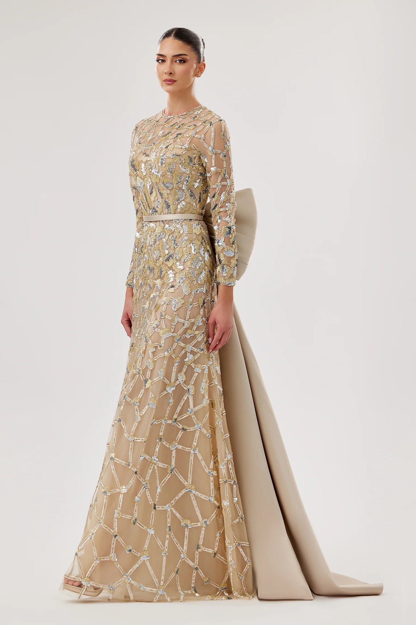 Embroidered Gown with Oversized Back Bow