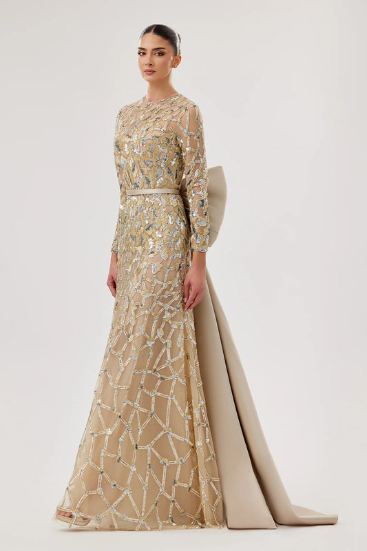 Embroidered Gown with Oversized Back Bow