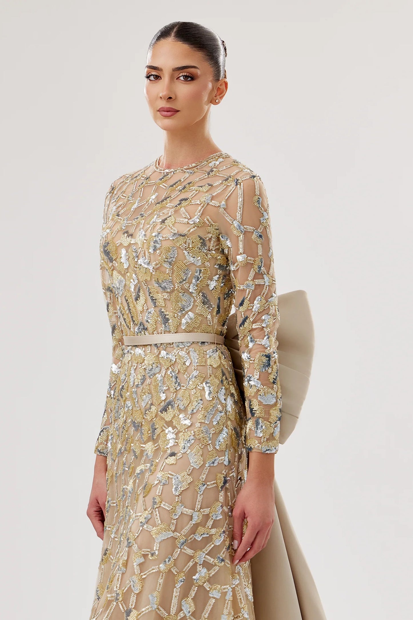 Embroidered Gown with Oversized Back Bow