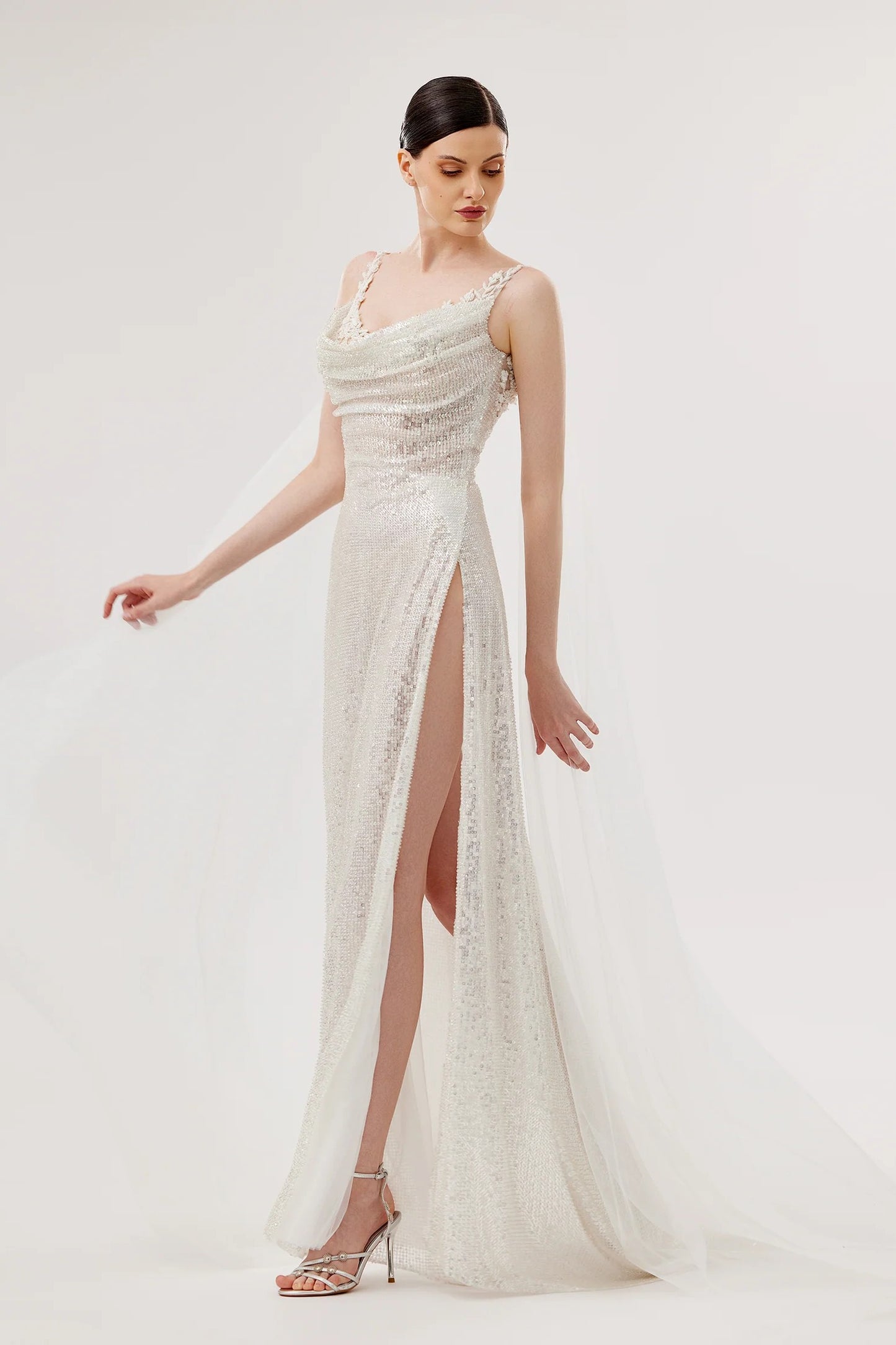 Embroidered Sequin Gown with Draped Strap Details