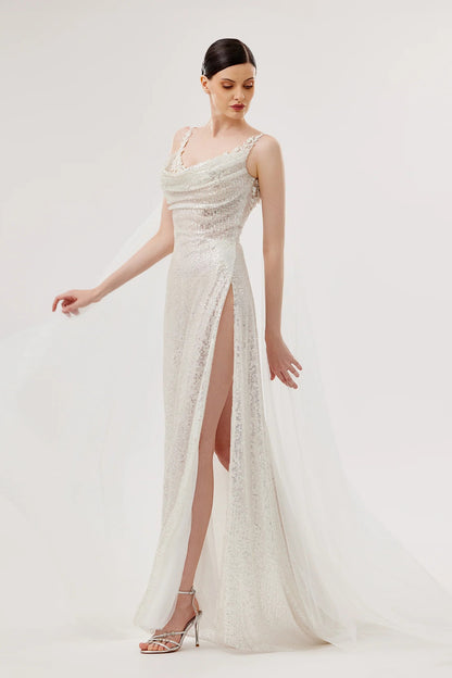 Embroidered Sequin Gown with Draped Strap Details