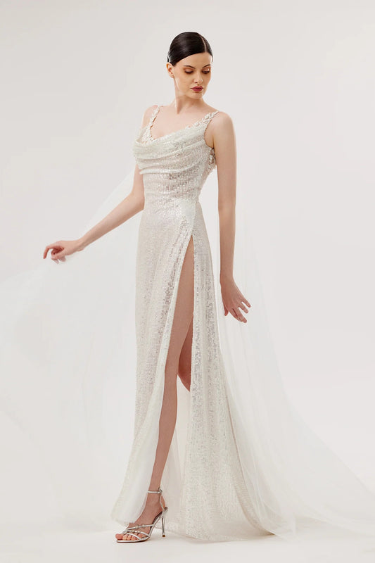 Embroidered Sequin Gown with Draped Strap Details