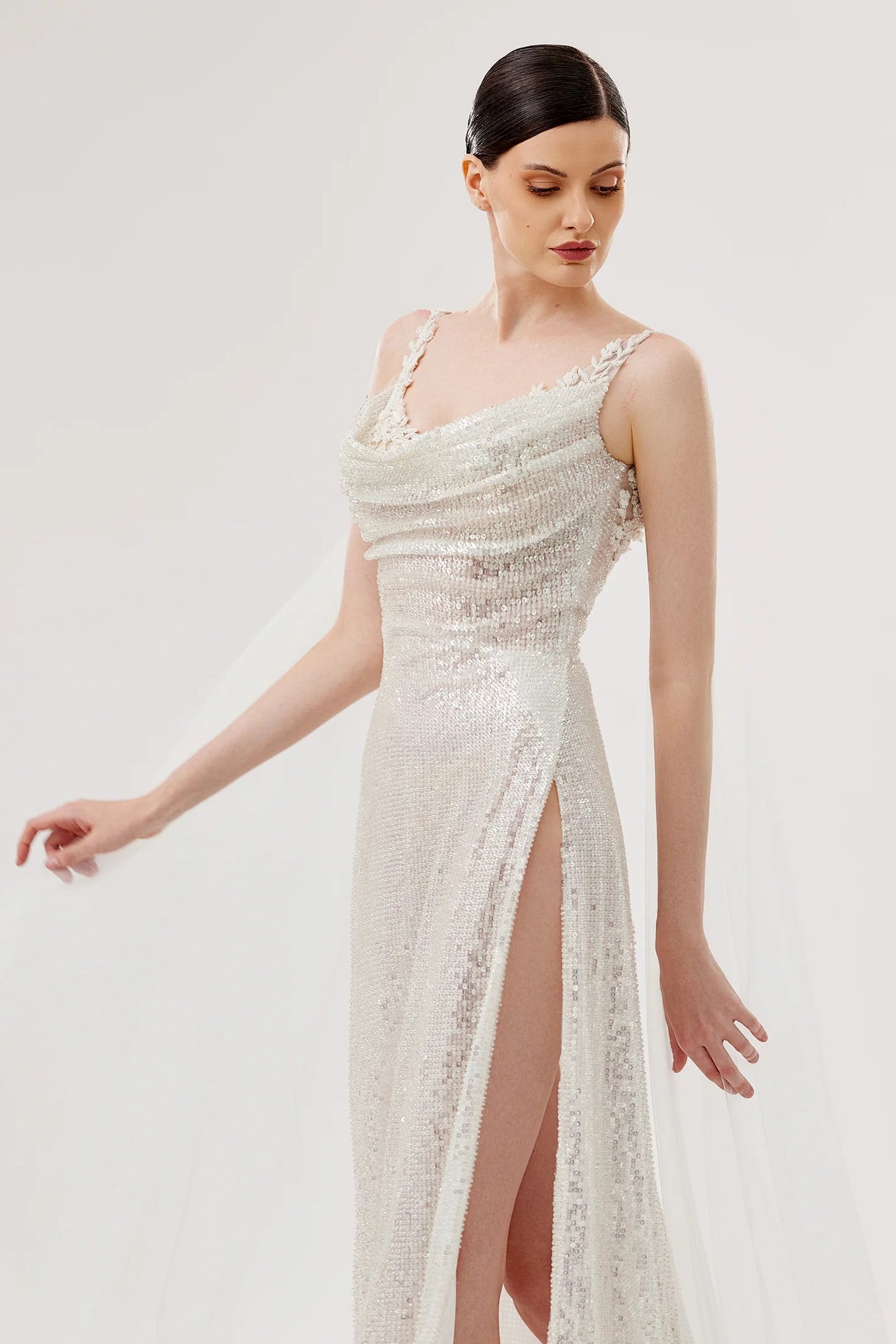 Embroidered Sequin Gown with Draped Strap Details