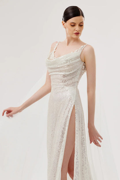 Embroidered Sequin Gown with Draped Strap Details