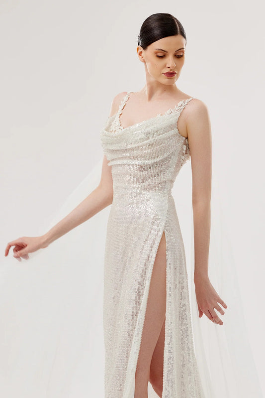 Embroidered Sequin Gown with Draped Strap Details