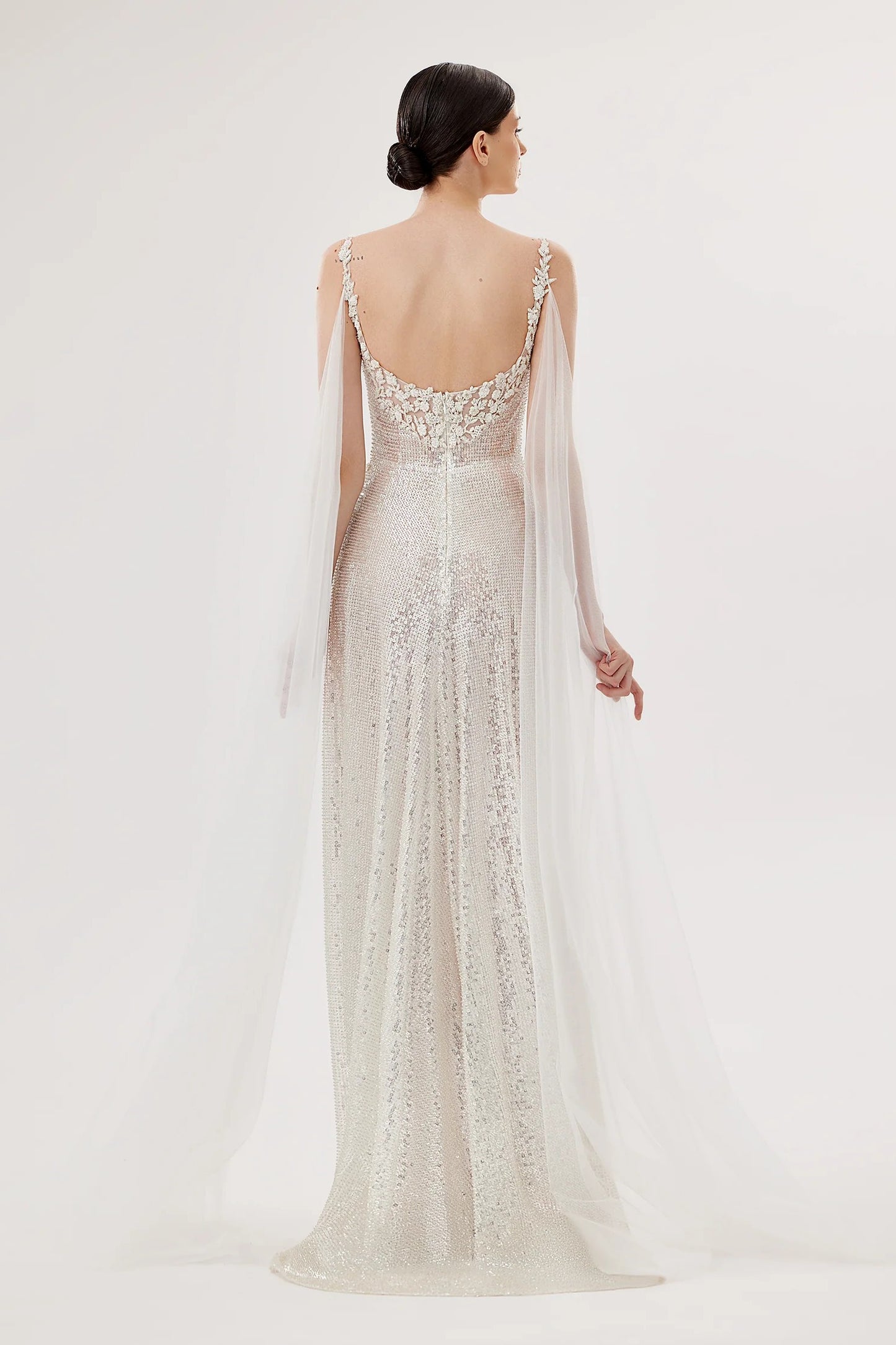 Embroidered Sequin Gown with Draped Strap Details