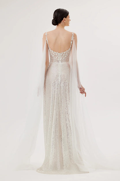 Embroidered Sequin Gown with Draped Strap Details