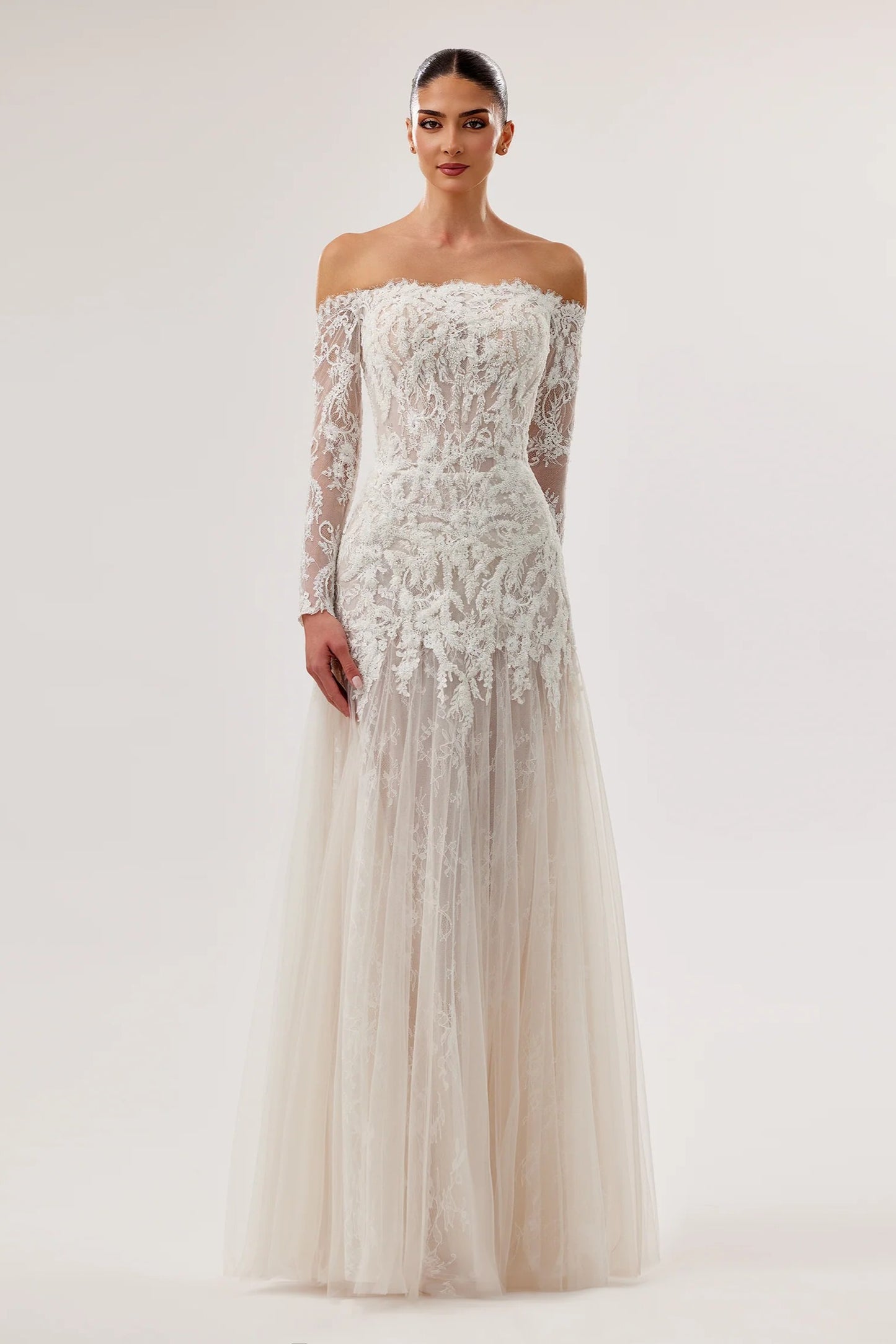 Off-Shoulder Lace Gown with Long Sleeves