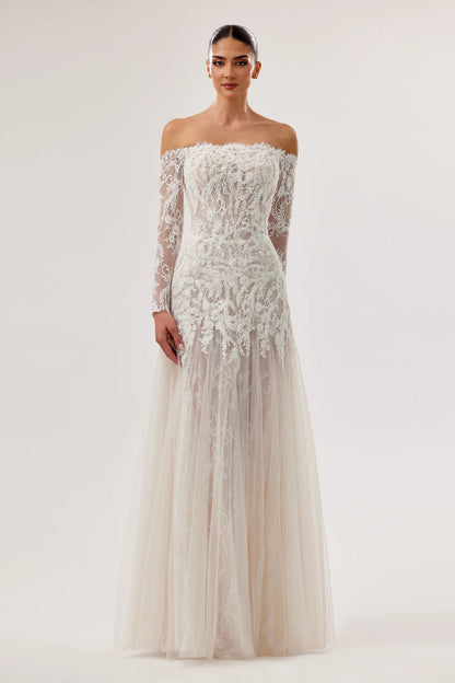 Off-Shoulder Lace Gown with Long Sleeves