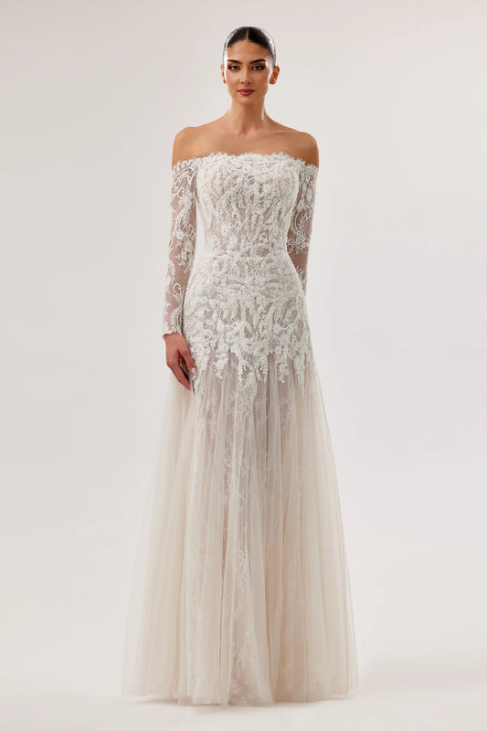 Off-Shoulder Lace Gown with Long Sleeves