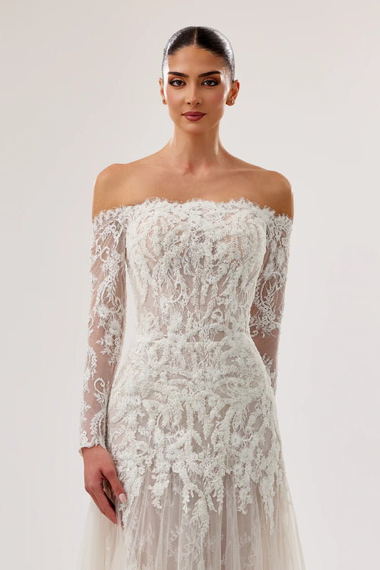 Off-Shoulder Lace Gown with Long Sleeves