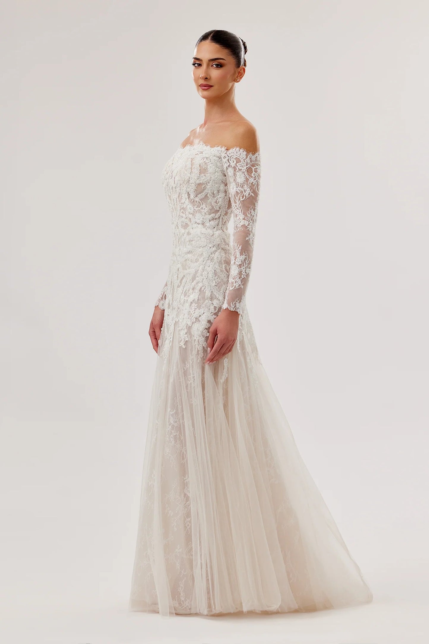 Off-Shoulder Lace Gown with Long Sleeves