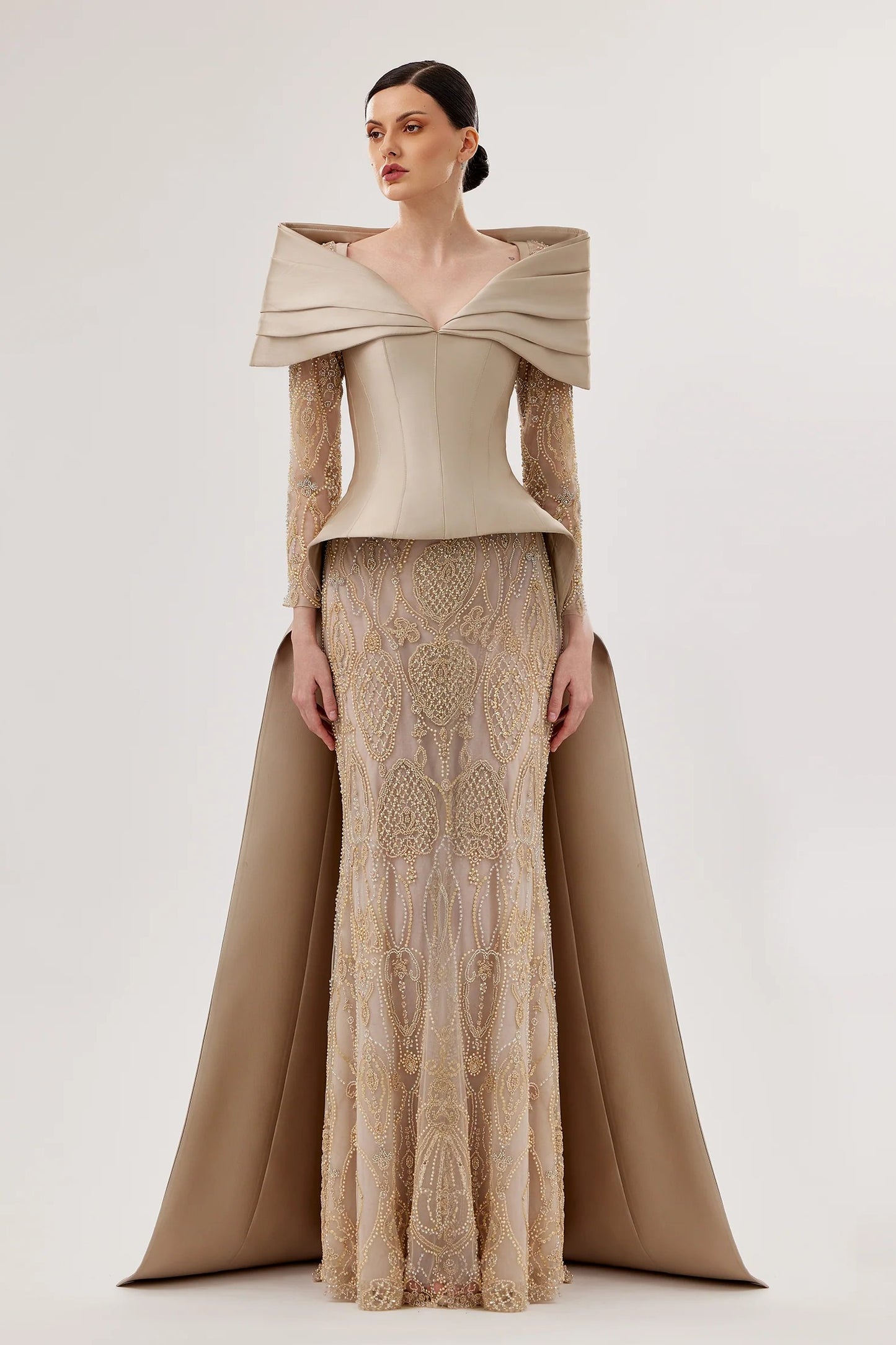 Mikado Off-Shoulder Gown with Embroidered Sleeves