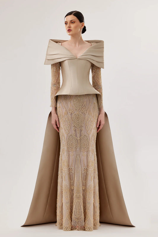 Mikado Off-Shoulder Gown with Embroidered Sleeves