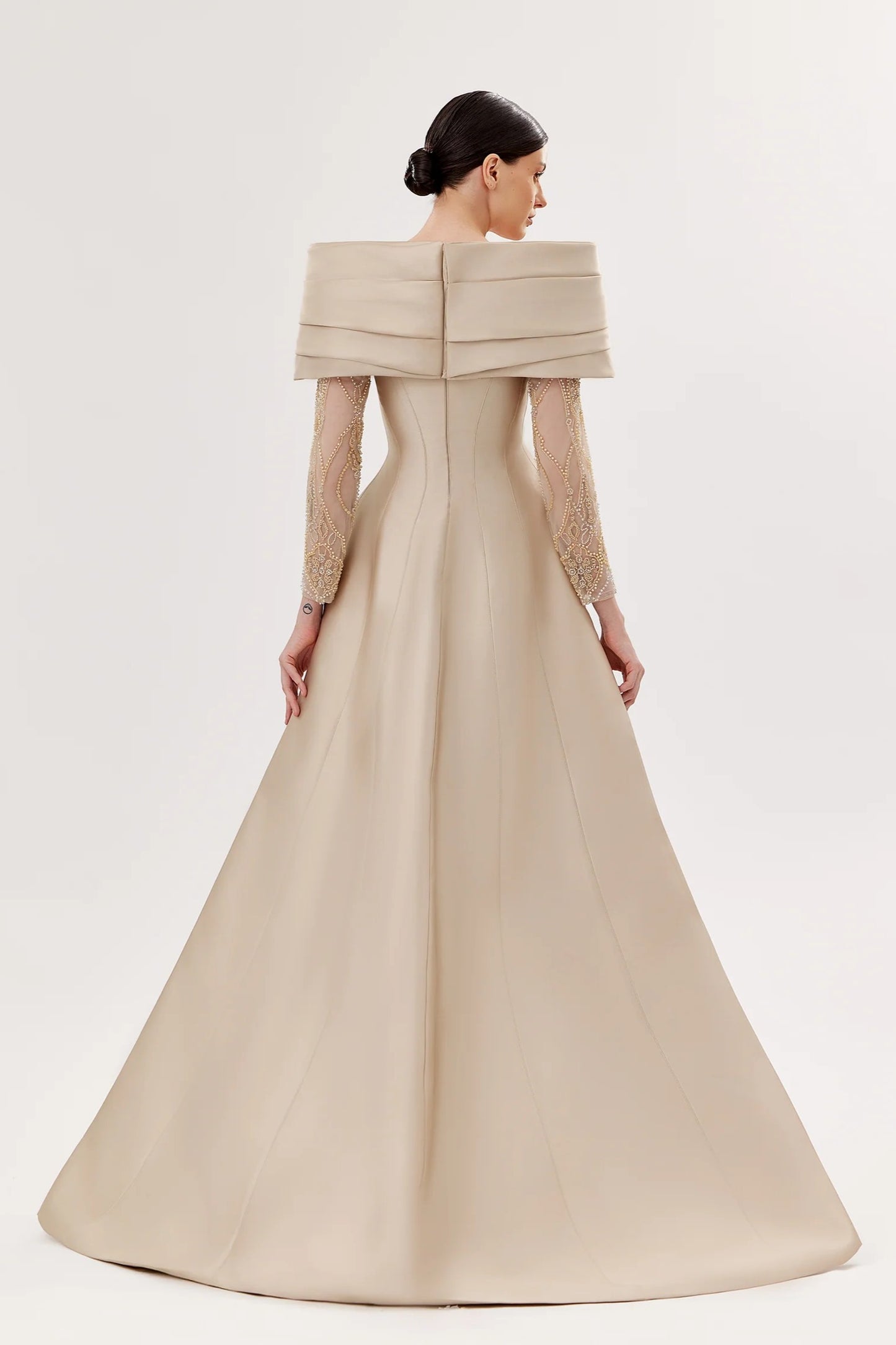 Mikado Off-Shoulder Gown with Embroidered Sleeves