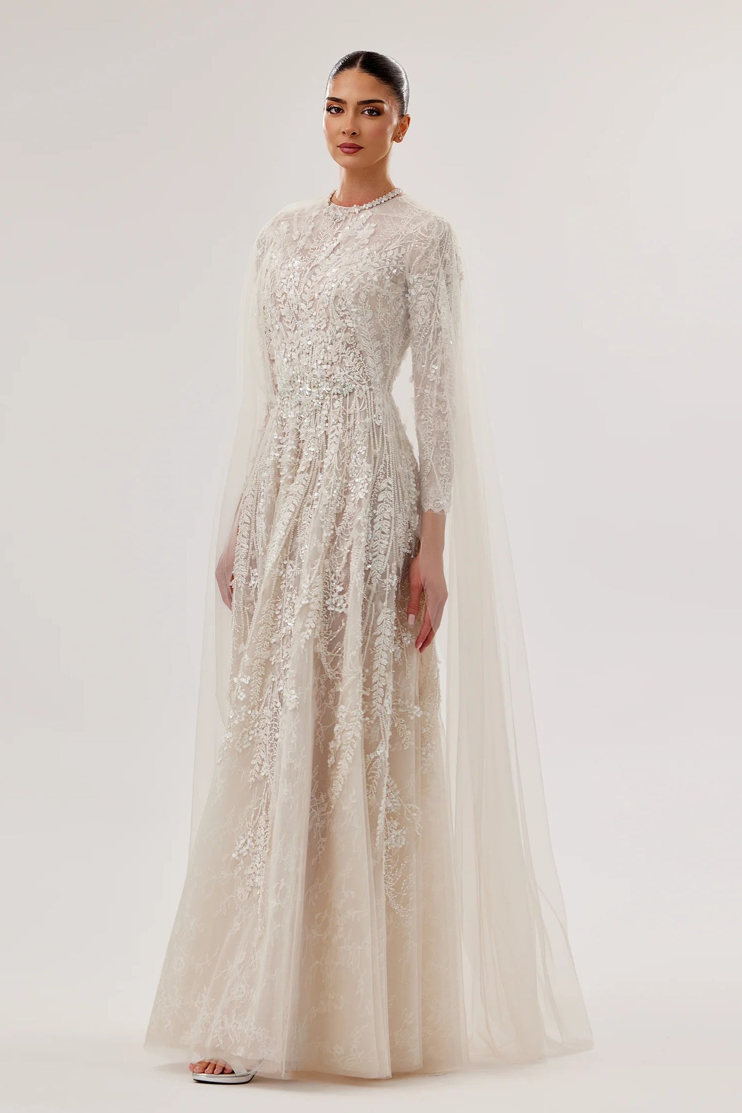 Floral Lace A-Line Gown with Swarovski Belt & Cape