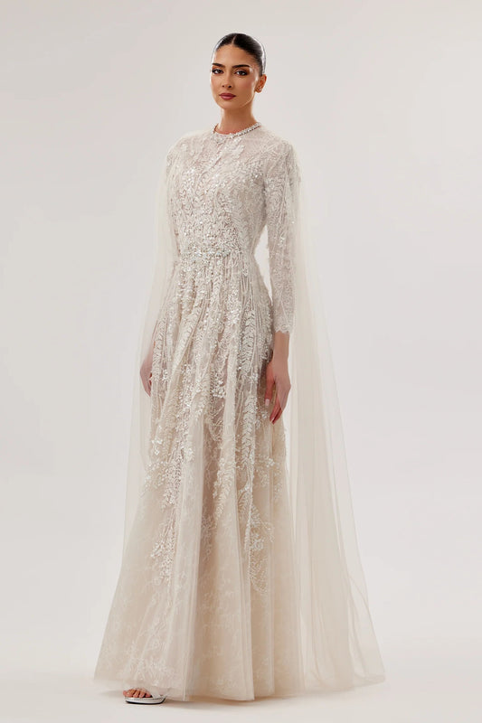 Floral Lace A-Line Gown with Swarovski Belt & Cape