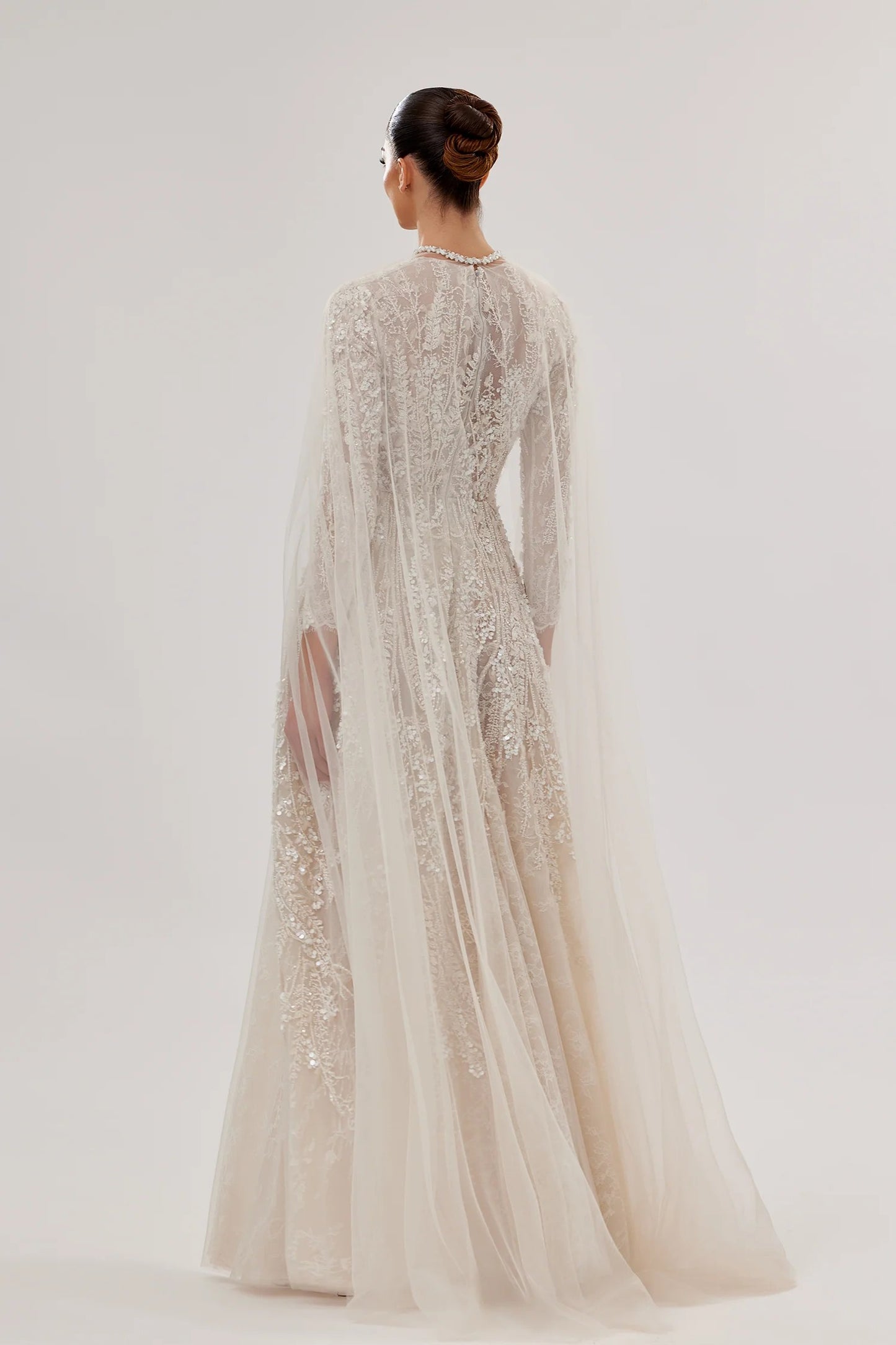 Floral Lace A-Line Gown with Swarovski Belt & Cape