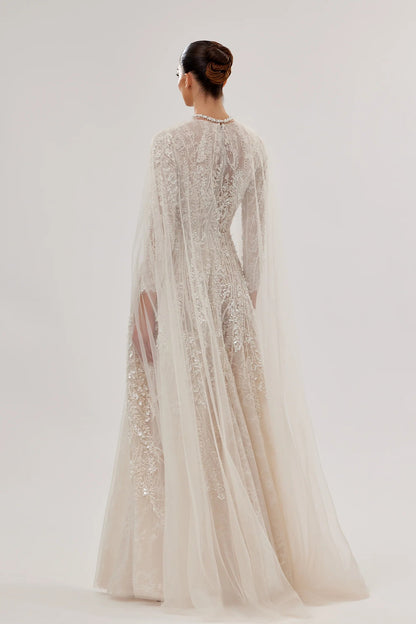Floral Lace A-Line Gown with Swarovski Belt & Cape
