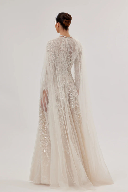Floral Lace A-Line Gown with Swarovski Belt & Cape