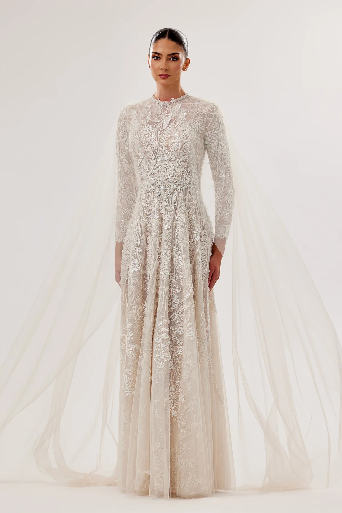 Floral Lace A-Line Gown with Swarovski Belt & Cape