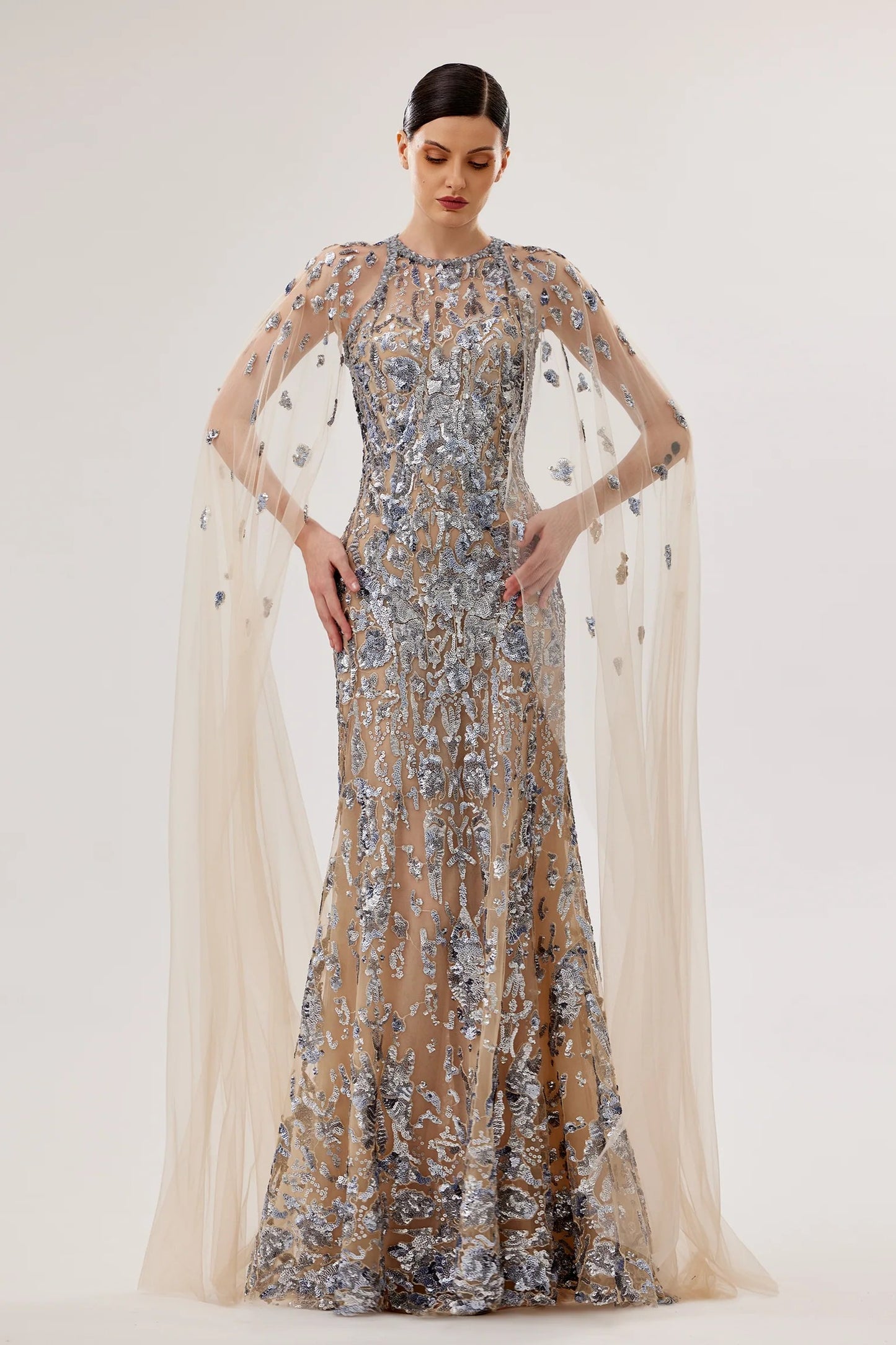 Embroidered Gown with Cape Sleeves