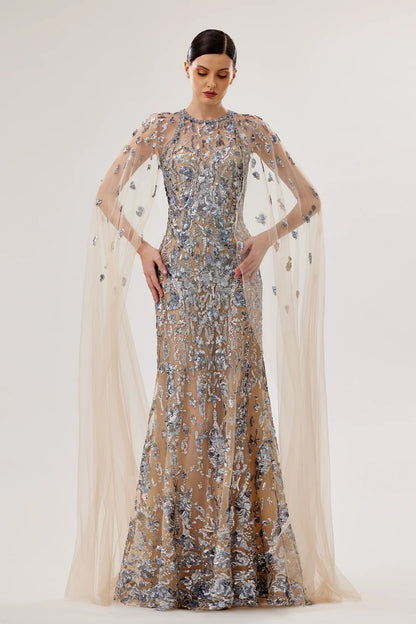 Embroidered Gown with Cape Sleeves