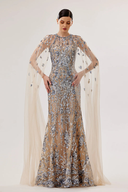 Embroidered Gown with Cape Sleeves