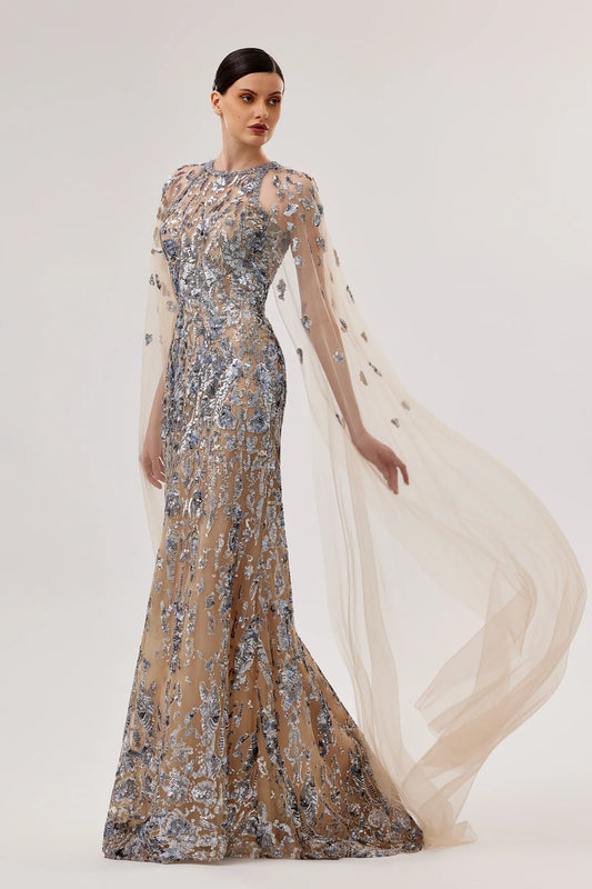 Embroidered Gown with Cape Sleeves
