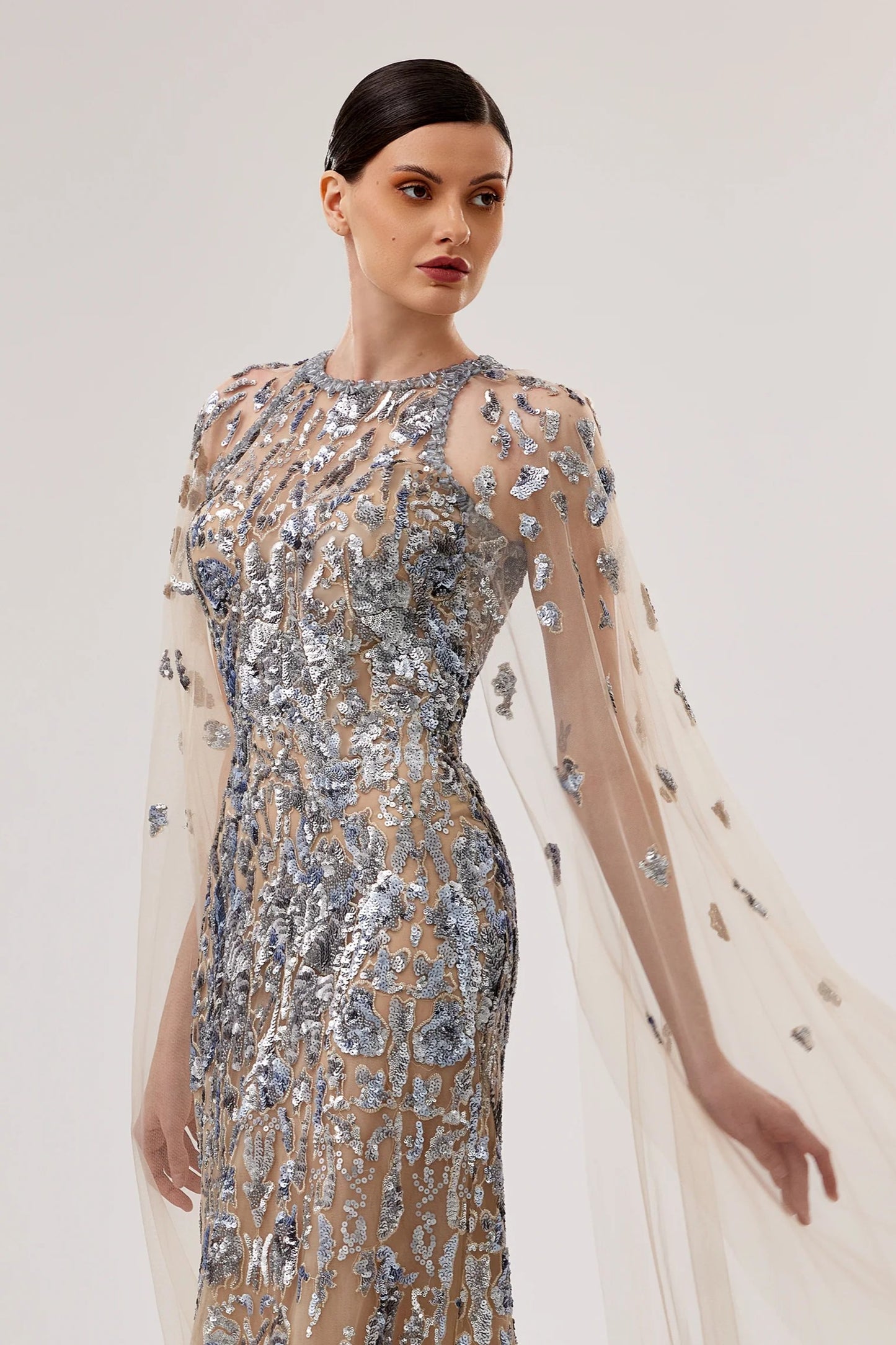 Embroidered Gown with Cape Sleeves