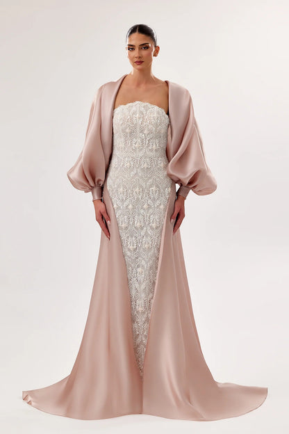 Strapless Lace Gown with Modern Cape Overlay