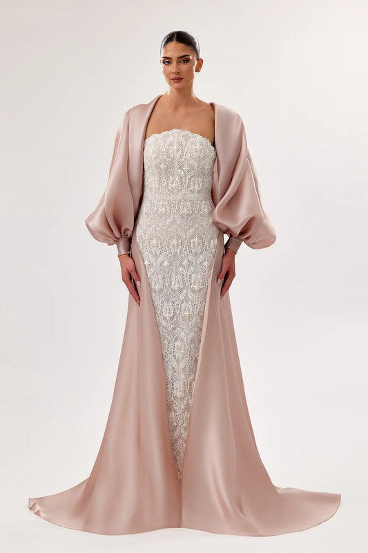 Strapless Lace Gown with Modern Cape Overlay