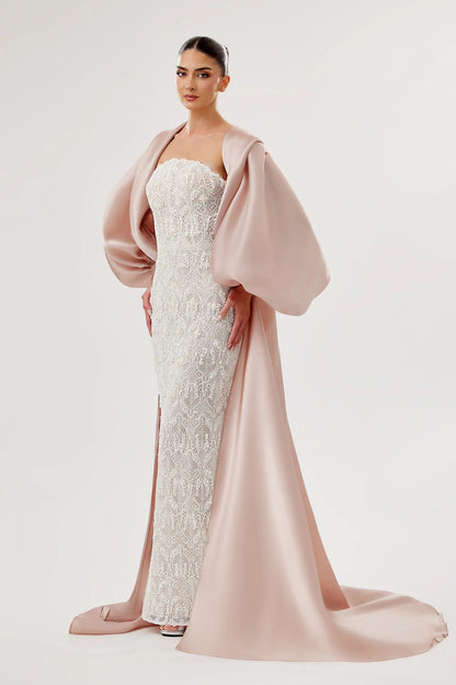 Strapless Lace Gown with Modern Cape Overlay