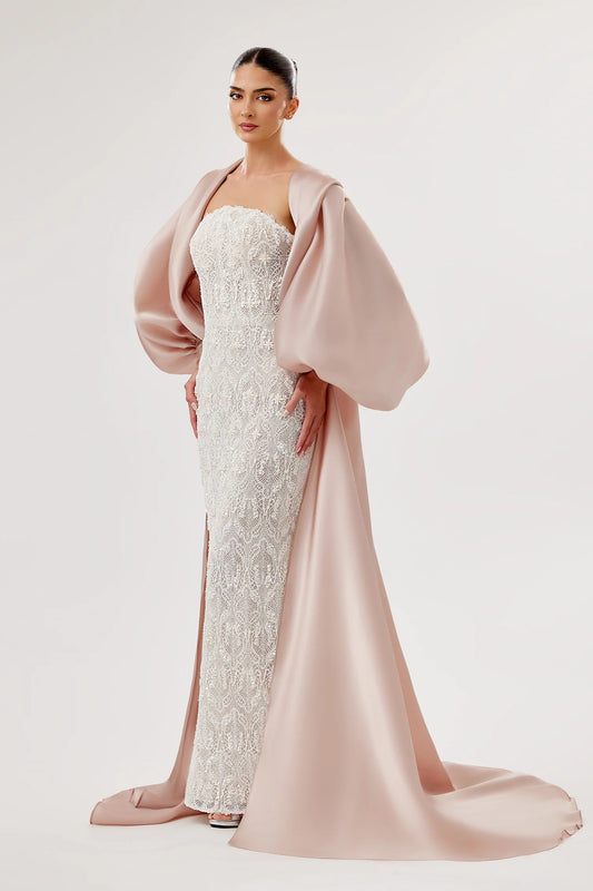 Strapless Lace Gown with Modern Cape Overlay