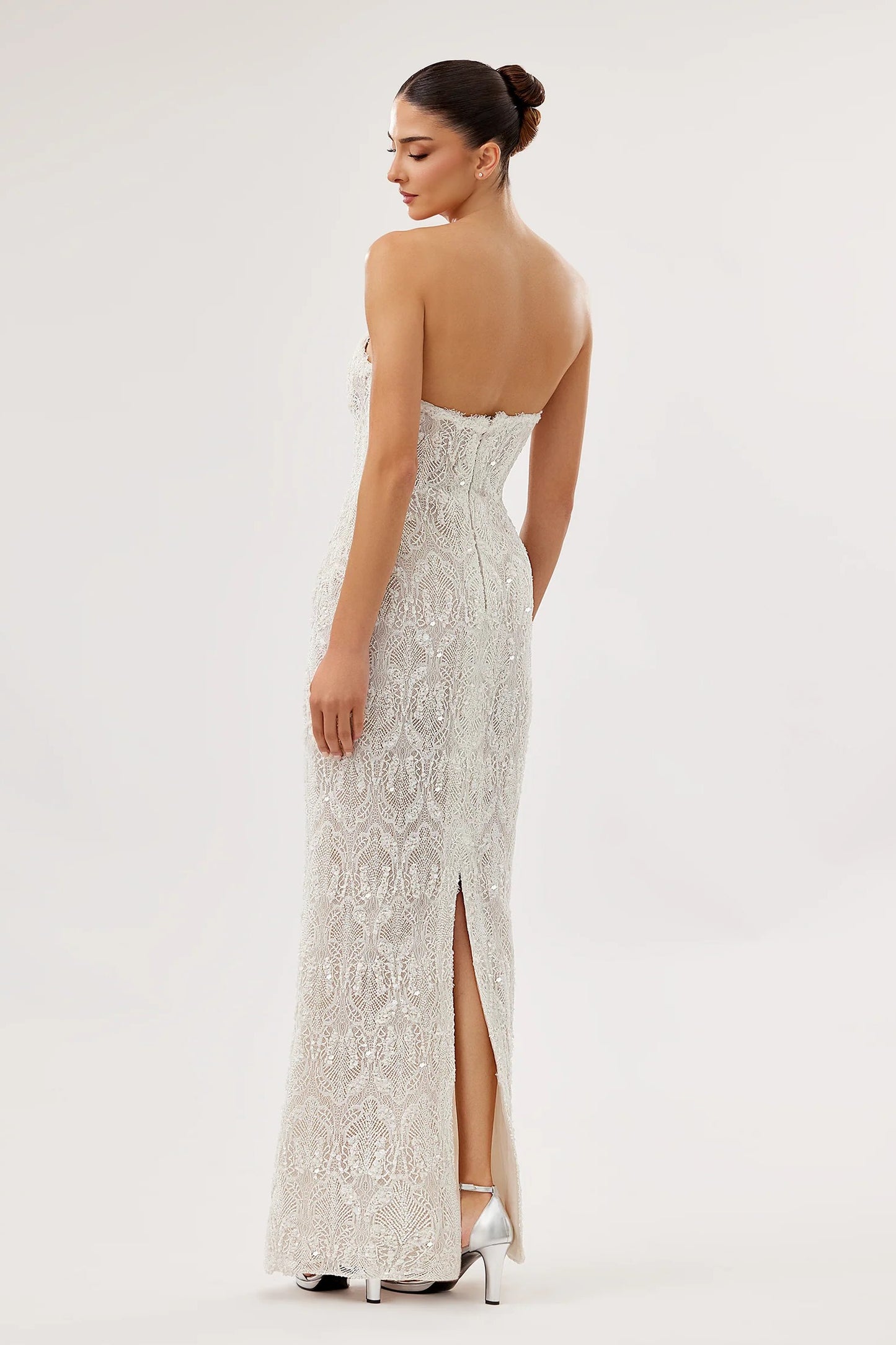 Strapless Lace Gown with Modern Cape Overlay
