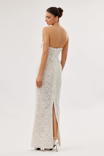 Strapless Lace Gown with Modern Cape Overlay