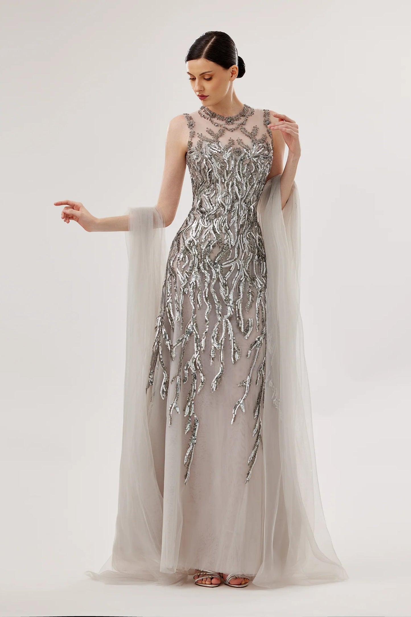 Embroidered Gown with Draped Tulle Panels