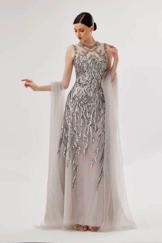 Embroidered Gown with Draped Tulle Panels