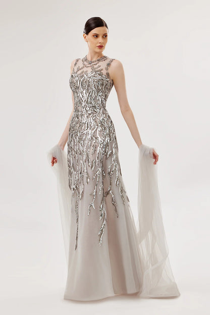 Embroidered Gown with Draped Tulle Panels