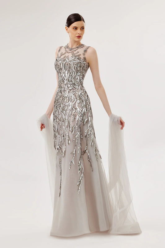 Embroidered Gown with Draped Tulle Panels
