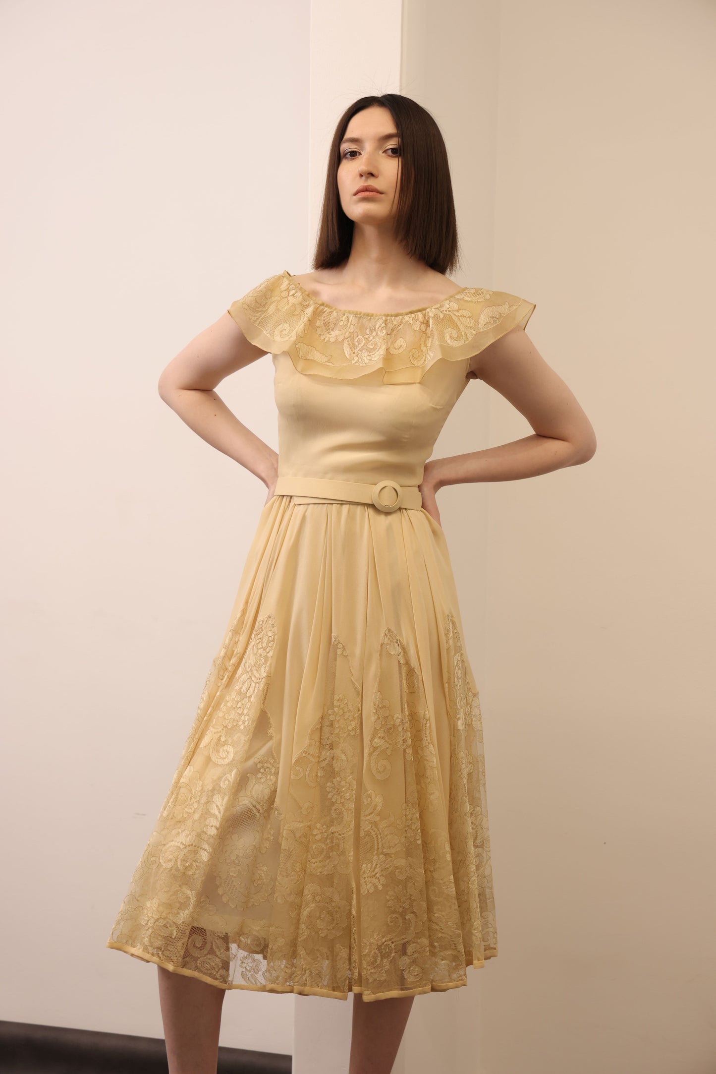 Yellow Crepe Dress with Lace