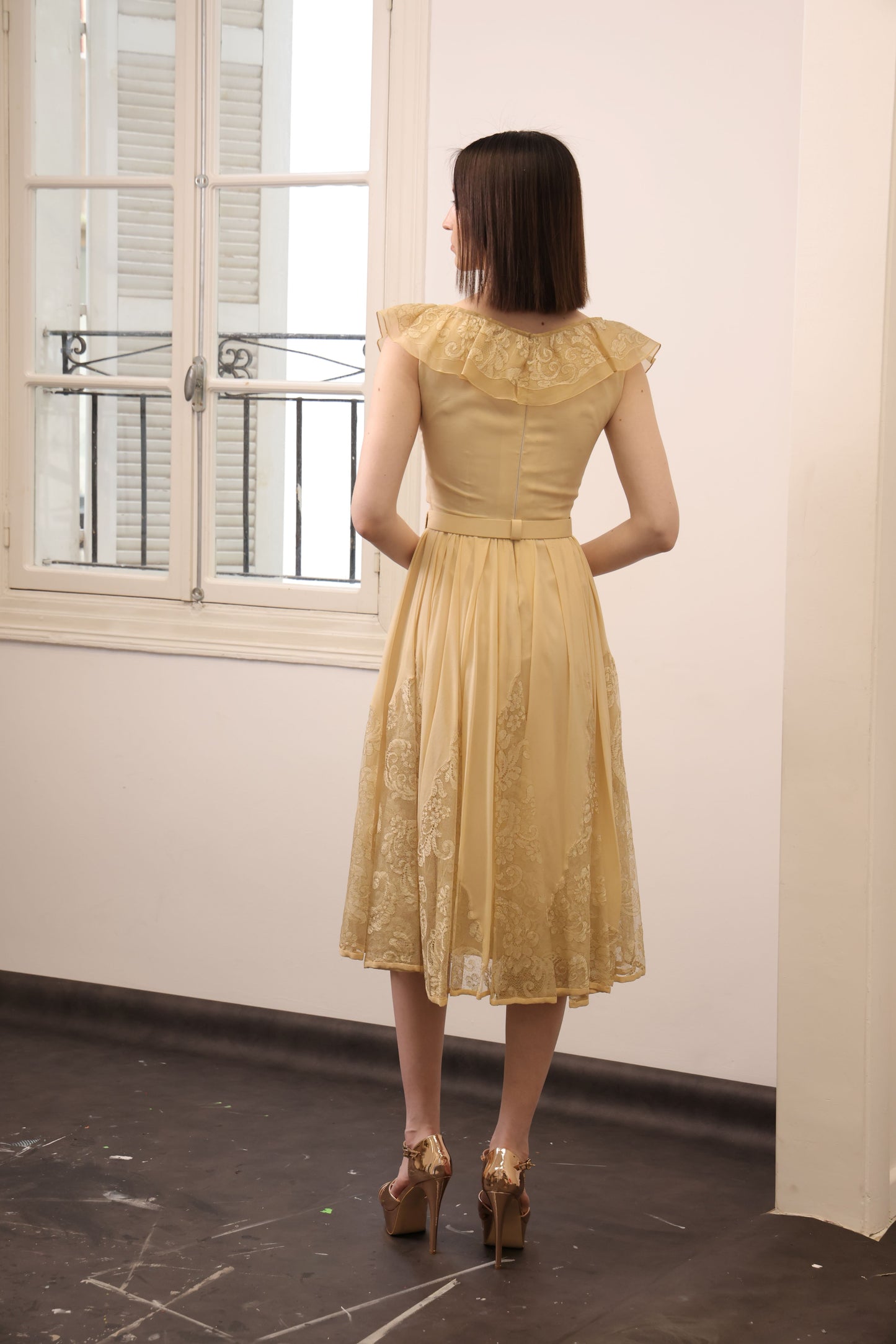 Yellow Crepe Dress with Lace