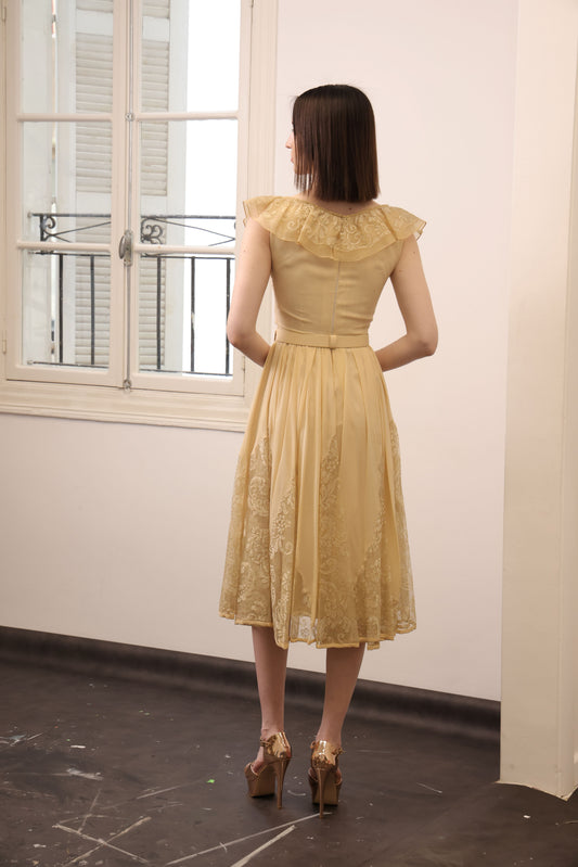 Yellow Crepe Dress with Lace