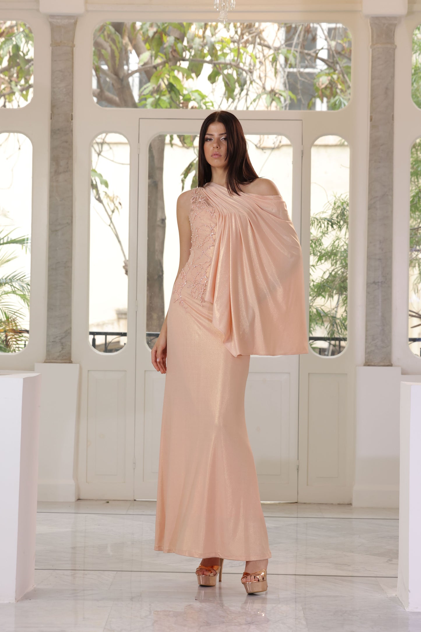 Silk Jersey Gown with One Shoulder Drape