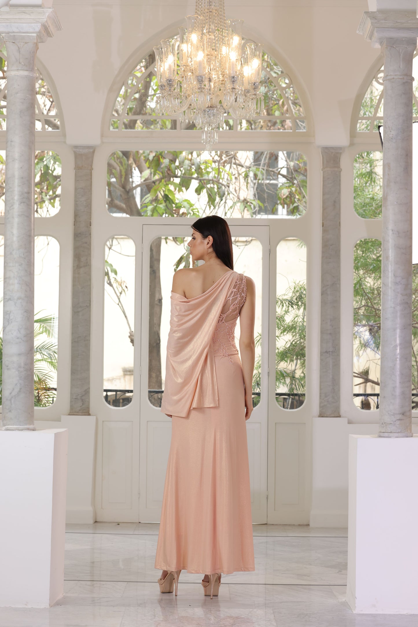 Silk Jersey Gown with One Shoulder Drape